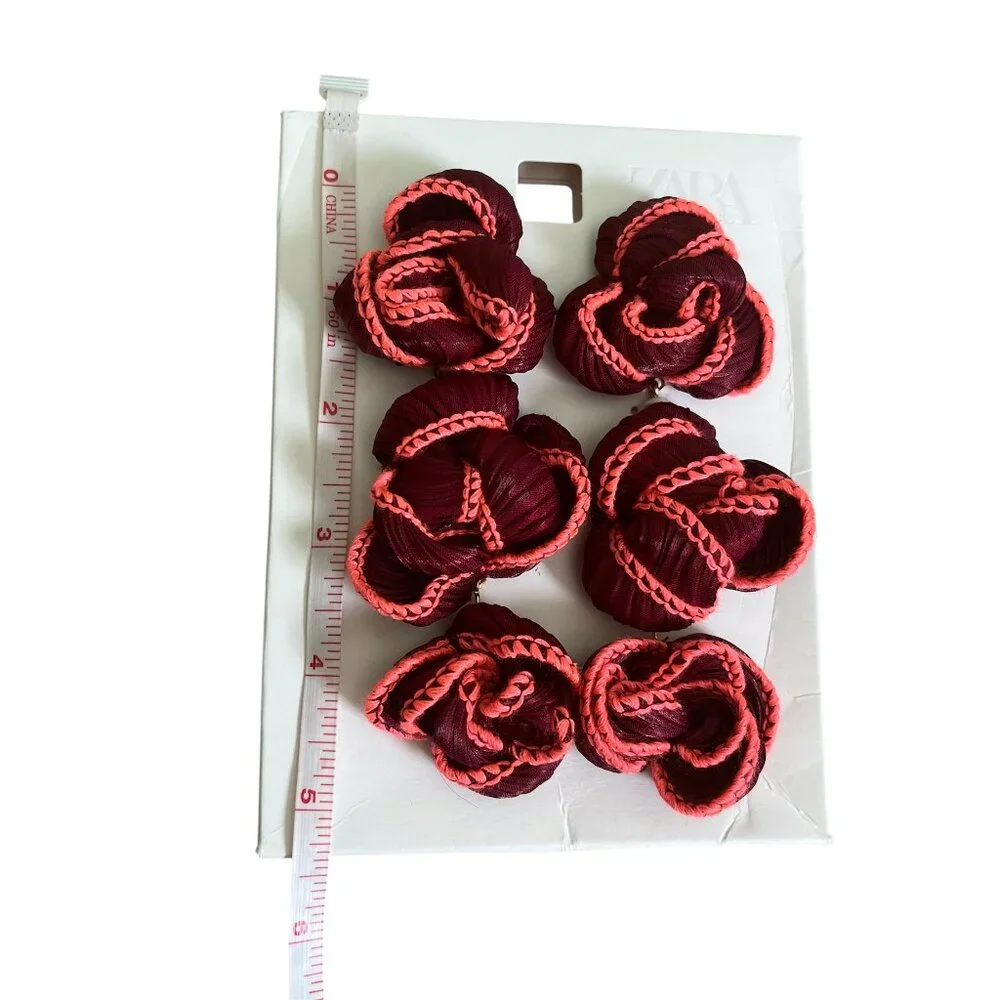 Zara Wine Red Floral Fabric Drop Earrings Triple Flower Statement Butterfly Back - Picture 7 of 7